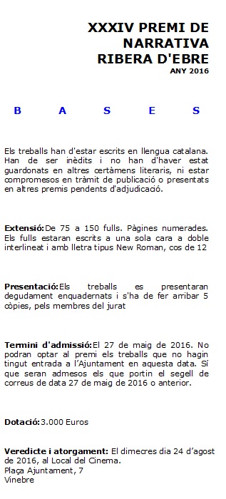 Bases Premi de Narrativa. Vinebre 2016